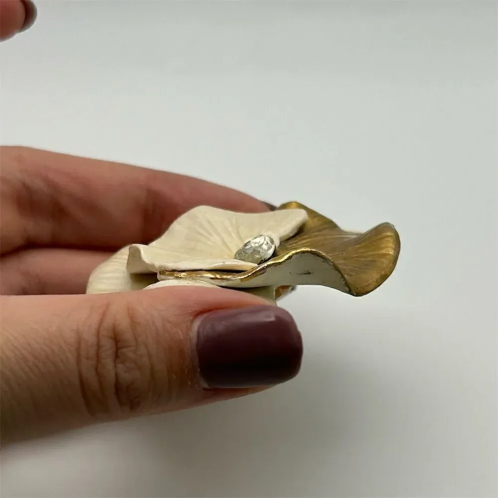 Vintage Artist Signed Original Abstract Gold Tone and White Floral Leaves Brooch